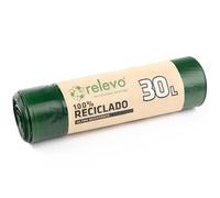 Relevo Sacs Poubelle Verts avec Liens Coulissants - 30L (Largeur 55 cm x Hauteur 60 cm), 15 Sacs par Rouleau | Sacs Poubelle Extra Résistants | 100% PEBD Recyclé | Certifié Blue Angel