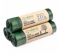 Relevo Sacs Poubelle Verts avec Liens Coulissants - 30L (Largeur 55 cm x Hauteur 60 cm), 45 Sacs (3 Rouleaux × 15 Sacs) | Sacs Poubelle Extra Résistants | 100% PEBD Recyclé | Certifié Blue Angel