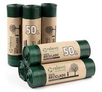 Relevo Sacs Poubelle Verts avec Liens Coulissants - 50L (Largeur 70 cm x Hauteur 75 cm), 60 Sacs (6 Rouleaux × 10 Sacs) | Sacs Poubelle Extra Résistants | 100% PEBD Recyclé | Certifié Blue Angel