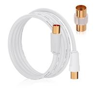 RELIAGINT Câble antenne TV 2m, coaxial 75 Ohm, IEC 9,5 mm mâle à mâle 3C2V cuivre pur double blindage, connecteur droit, adaptateur femelle-femelle inclus, blanc