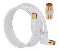 RELIAGINT Câble antenne TV 5m, coaxial 75 Ohm, IEC 9,5 mm mâle à mâle 3C2V cuivre pur double blindage, connecteur coudé, adaptateur femelle-femelle inclus, blanc