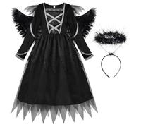 ReliBeauty Costume Ange Noir Fille,Robe avec Ailes et Diadème d'Ange,110