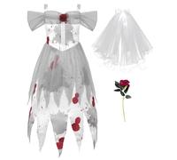 ReliBeauty Déguisement Mariée Zombie Halloween Fille 3-12 ans Fantôme Mariée avec Rose Voile, Blanc 110