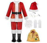 ReliBeauty Déguisement Père Noël Enfant 9 Pièces, Costume en Velours Rouge avec Barbe et Sac Cadeau pour Fêtes de Noël, 100
