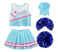 ReliBeauty Déguisement Pompom Girl Bleu Clair Costume Cheerleader Short sous La Jupe avec Barrette Nœud et Pompons pour Carnaval Halloween,130