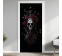 Relief Crâne Effet 3D Sticker Porte, Musique Violoncelle Papier Autocollant Porte Mural Décoration, Fleur Rose Stickers Muraux Amovible PVC 77x200 cm