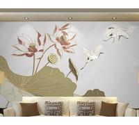 Relief Feuille De Lotus Fleur De Lotus Oiseau En Vol Créatif Papier Peint 3D Installation Facile Intissé Tapisserie Bureau Salon Canapé Chambre Décoration Murale-400cm×280cm