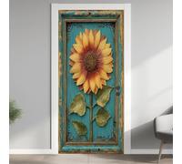 Relief Fleur Soleil Stickers pour 3D Imperméable Auto-Adhésif, Planche de Bois Vert Bleu PVC Poster de Porte, Vintage Floral Stickers de Porte Papier Peint 95x205 cm