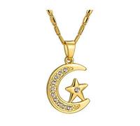 Religion Musulmane Trés joli Pendentif Islamique Croissant de Lune et Etoile avec Cristaux et sa Chaîne. (Ton Or)