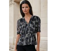 Religion Religion Animal Violet V-Neck Top In Neutral Ocelot Print With Puff Sleeves And Stud Trim