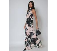 Religion Religion Black Anja Halterneck Maxi Dress With Sash Neck Tie In Soft Floral On Black Georgette Black EU 44 (UK 16)