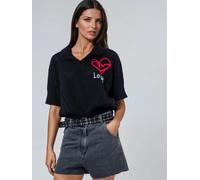 Religion Religion Black Eloise Neck Crochet Short Sleeved Knit Polo Shirt With Love Embroidery Black EU 36 (UK 8)