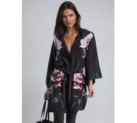 Religion Religion Black Kimono Sleeve Rose Heart Tunic Dress With Tie Belt In Floral Placement Print Black EU 44 (UK 16)