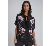 Religion Religion Black Loose Rose Heart Blouse With Neck-Tie In Floral Placement Print