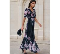 Religion Religion Black Short Sleeved Diana Maxi Tea Dress With Large Rose Placement Print In Cupro Black EU 40 (UK 12)