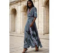 Religion Religion Grey Short Sleeved Diana Maxi Tea Dress With Large Rose Placement Print In Cupro Grey EU 38 (UK 10)