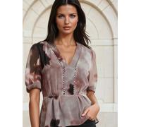 Religion Religion Pink Violet V-Neck Top In Neutral Ocelot Print With Puff Sleeves And Stud Trim
