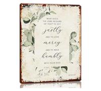 Religious Metal Wall Decor Micah 6 8 Bible Verse Walk Humbly with God Gentle Eucalyptus Leaf Pattern Tin Sign for Bedroom Prayer Room Entryway 8 X 12 inch