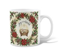 Religious Religious Joy To The World Tasse à café en céramique 325 ml | Couronne de poinsettia, tasse à café, accents de pommes de pin, thème religieux saisonnier, œuvre d'art traditionnelle