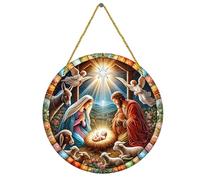 Religious Window Art - Acrylic 30cm, Nativity Tree Decor, Gold Rope | Fine Craftsmanship, Acrylic Round Sign, Holy Family Ornament For Front Door, Christmas Tree, Home, Religious Festivals
