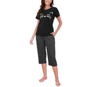 Reliwel Ensemble de Pyjama Femme Coton Pyjama Court Femme Vêtements de Nuit 2 Pièces à Manches Courtes Chat et Pantacourt 3/4 pour Printemps et Été