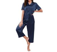 Reliwel Ensemble de Pyjama Femme en Satin de Soie Pyjama Femme Ete Boutonné Vêtements de Nuit Deux Pièces Set Loungewear à Manche Courte et Pantalon 3/4