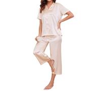 Reliwel Ensemble de Pyjama Femme en Satin de Soie Pyjama Femme Ete Boutonné Vêtements de Nuit Deux Pièces Set Loungewear à Manche Courte et Pantalon 3/4