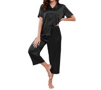 Reliwel Ensemble de Pyjama Femme en Satin de Soie Pyjama Femme Ete Boutonné Vêtements de Nuit Deux Pièces Set Loungewear à Manche Courte et Pantalon 3/4