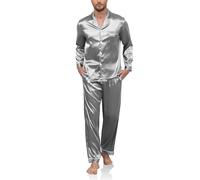 Reliwel Ensemble de Pyjama Homme en Satin Pyjama en Soie Boutonné 2 Pièces Haut à Manches Longues et Pantalon Long Vêtements de Nuit Été Confortable Sleepwear