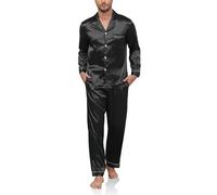 Reliwel Ensemble de Pyjama Homme en Satin Pyjama en Soie Boutonné 2 Pièces Haut à Manches Longues et Pantalon Long Vêtements de Nuit Été Confortable Sleepwear
