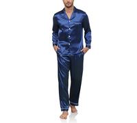 Reliwel Ensemble de Pyjama Homme en Satin Pyjama en Soie Boutonné 2 Pièces Haut à Manches Longues et Pantalon Long Vêtements de Nuit Été Confortable Sleepwear