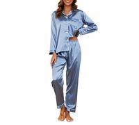 Reliwel Ensemble de pyjama pour femme en satin de soie à manches longues boutonné Pyjama deux pièces en soie pour femme Ensemble de vêtements de nuit pour le printemps et l'été S-XXL, Gris/bleu, L