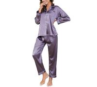 Reliwel Ensemble de pyjama pour femme en satin de soie à manches longues boutonné - Pyjamas pour dames en soie deux pièces pour femmes - Ensembles de vêtements de nuit - Vêtements de détente pour le