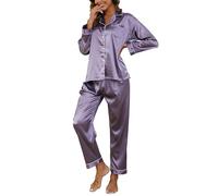 Reliwel Ensemble de Pyjama pour Femme en Satin Set Pyjama Femme à Manches Longues Boutonné Pyjama en Satin de Soie pour Femme Vêtements de Nuit Toutes Les Saisons 2 Pièces