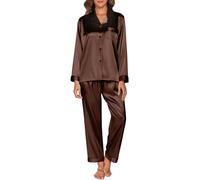 Reliwel Ensemble de Pyjama pour Femme en Satin Set Pyjama Femme à Manches Longues Boutonné Pyjama en Satin de Soie pour Femme Vêtements de Nuit Toutes Les Saisons 2 Pièces