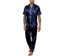Reliwel Ensemble de pyjama pour homme en satin de soie à manches courtes avec chemise boutonnée et pantalon long col cranté Vêtements de nuit avec poches S-XXL, bleu marine, XL