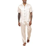 Reliwel Ensemble de pyjama pour homme en satin de soie à manches courtes avec chemise boutonnée et pantalon long col cranté Vêtements de nuit avec poches S-XXL, champagne, XL