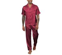 Reliwel Ensemble de pyjama pour homme en satin de soie à manches courtes avec chemise boutonnée et pantalon long col cranté Vêtements de nuit avec poches S-XXL, Rouge, XL