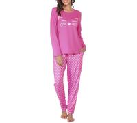 Reliwel Pyjama Femme Coton à Manches Longues Vêtements de Nuit Long Ensemble 2 Pièces Chat Doux Confortable Poches Tenue Automne et Hiver S-XXL