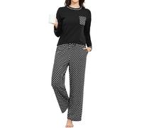 Reliwel Pyjama Femme Coton Ensemble de Pyjama Femme Hiver Vêtements de Nuit Col Rond et à Manches Longues Pantalon à Poches avec Motifs à Pois Chaud et Détente Noir XL