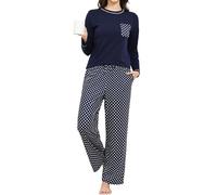Reliwel Pyjama Femme Coton Ensemble de Pyjama Femme Hiver Vêtements de Nuit Col Rond et à Manches Longues Pantalon à Poches avec Motifs à Pois Chaud et Détente Bleu Marine M