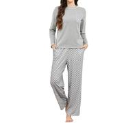 Reliwel Pyjama Femme Coton Ensemble de Pyjama Femme Hiver Vêtements de Nuit Col Rond et à Manches Longues Pantalon à Poches avec Motifs à Pois Chaud et Détente Gris L