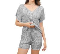 Reliwel Pyjama Femme Coton Ensemble Femme Été à Manches Courtes et Short Vêtements de Nuit Col V Imprimé Floral 2 Pièces Boutons Confortable Doux Respirant