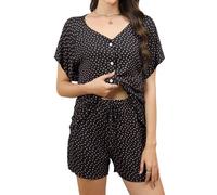 Reliwel Pyjama Femme Coton Ensemble Femme Été à Manches Courtes et Short Vêtements de Nuit Col V Imprimé Floral 2 Pièces Boutons Confortable Doux Respirant