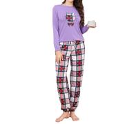 Reliwel Pyjama Femme Coton Ensembles de Pyjama Femme Hiver Chaud Haut Col Rond Manches Longues et Bas de Pyjama à Carreaux Vêtements de Nuit 2 Pièces Confortable Détente
