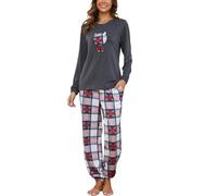 Reliwel Pyjama Femme Coton Ensembles de Pyjama Femme Hiver Chaud Haut Col Rond Manches Longues et Bas de Pyjama à Carreaux Vêtements de Nuit 2 Pièces Confortable Détente