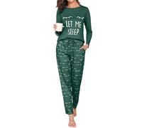 Reliwel Pyjama Femme Coton Ensembles de Pyjama Femme Hiver Chaud Haut Col Rond Manches Longues et Bas de à Carreaux Vêtements de Nuit 2 Pièces