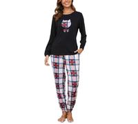 Reliwel Pyjama Femme Coton Ensembles de Pyjama Femme Hiver Chaud Haut Col Rond Manches Longues et Bas de Pyjama à Carreaux Vêtements de Nuit 2 Pièces Confortable Détente