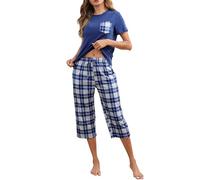 Reliwel Pyjama Femme Coton été Ensemble Femme à Manche Courte et Carreaux 3/4 Pantalon Vêtements de Nuit Col Rond 2 Pièces Doux Confortable