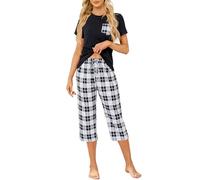 Reliwel Pyjama Femme Coton été Ensemble Femme à Manche Courte et Carreaux 3/4 Pantalon Vêtements de Nuit Col Rond 2 Pièces Doux Confortable